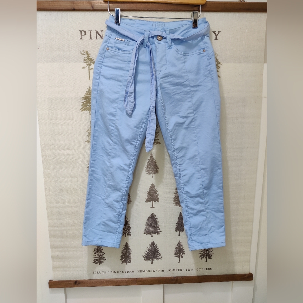 Cream Danish Boho Sky Blue Tie-Waist Capri Pants Cropped Denim - 25
